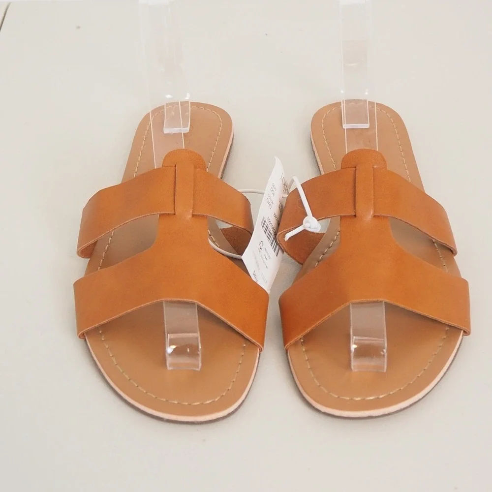 J.Crew Women's Size 7 Tan Brown‎ Leather Slide Sandals Flat Slip On "H" Shape - Picture 2 of 11